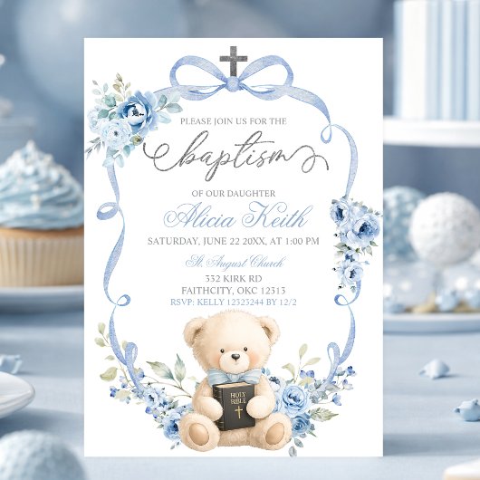Blue Bear Baptism Bow Coquette Invitation Kaart