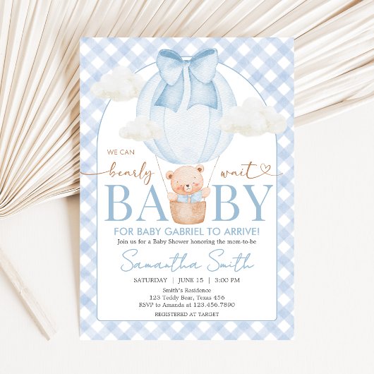 Blue Bear Bearly Wait Baby Shower Kaart
