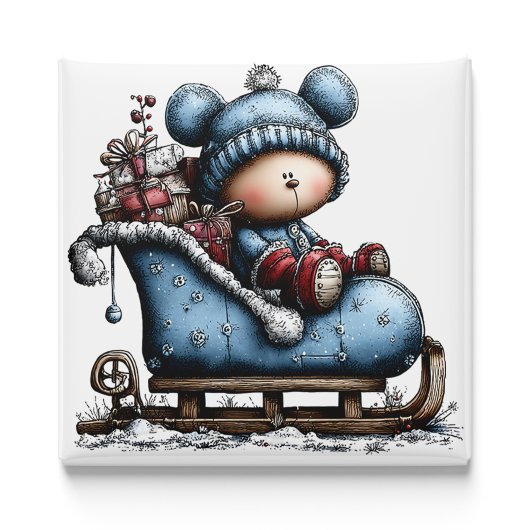 Blue Bear Santa Sled Christmas Magnet