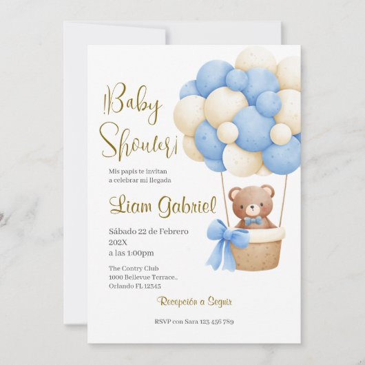 Blue Bear Spanish Baby Shower Boy invit Kaart (Voorkant)
