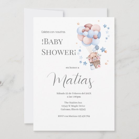 Blue Bear Spanish Baby Shower Boy invitation Kaart (Voorkant)