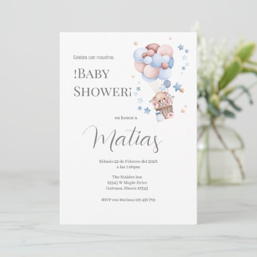 Blue Bear Spanish Baby Shower Boy invitation Kaart (Staand voorkant)