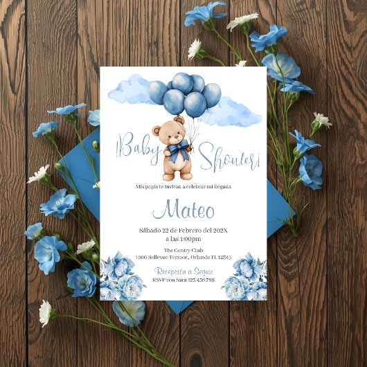 Blue Bear Spanish Baby Shower Boy invitation Kaart
