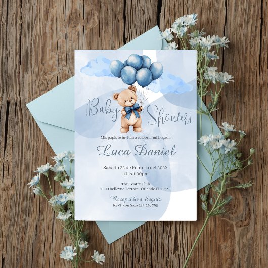 Blue Bear Spanish Baby Shower Boy invitation Kaart