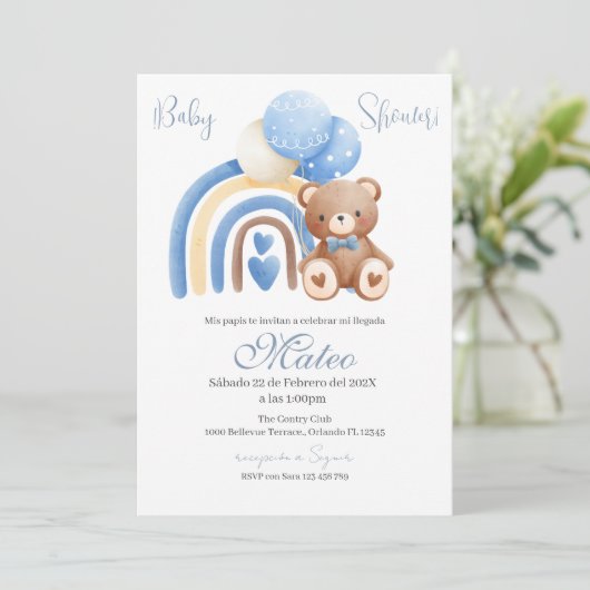 Blue Bear Spanish Baby Shower Boy invitation Kaart (Staand voorkant)