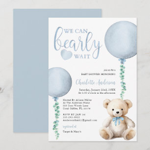 Blue Bearly Wait Baby shower Invitation Boy Kaart