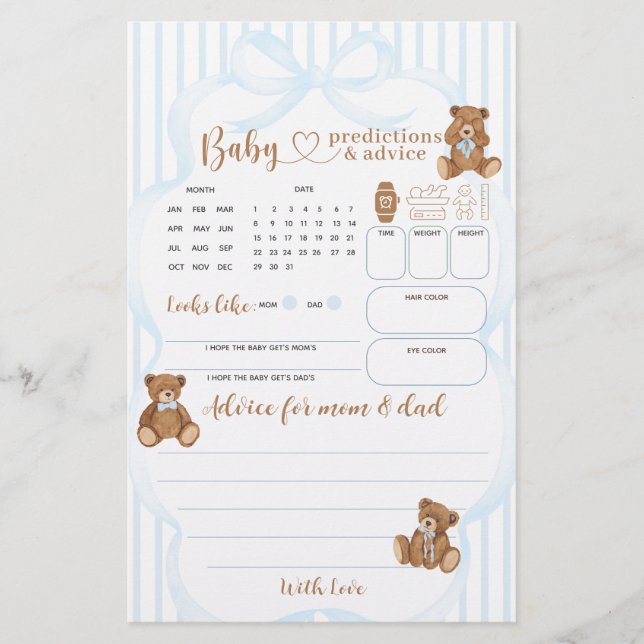 Blue Bearly Wait Baby Shower Voorspellingsspel (Voorkant)
