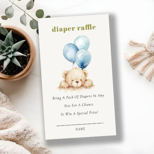 Blue Bearly Wait Balloon Diaper Raffle Baby shower Informatiekaartje