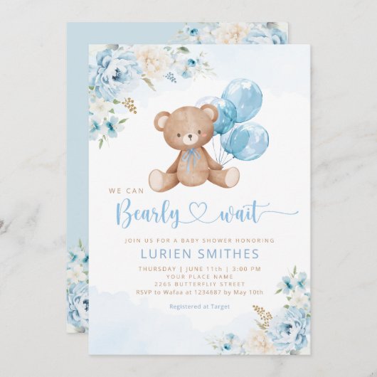 Blue Bearly Wait Boho Teddy Bear Boy Baby shower Kaart (Voorkant / Achterkant)
