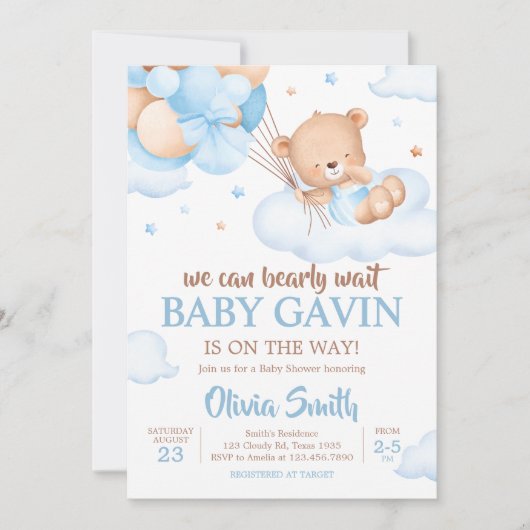 Blue Bearly Wait Clouds Baby shower Kaart (Voorkant)