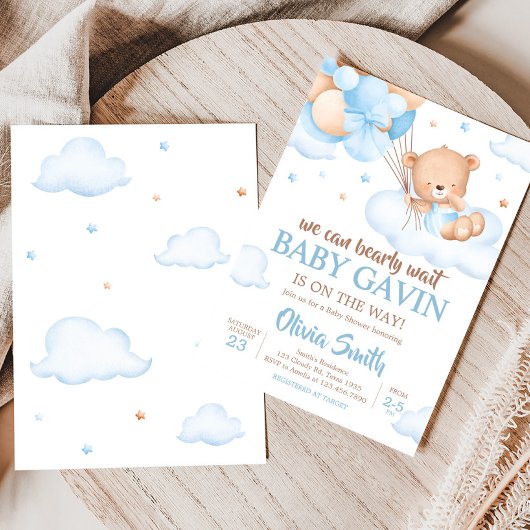 Blue Bearly Wait Clouds Baby shower Kaart