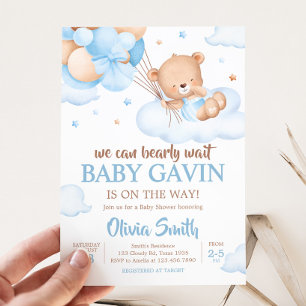 Blue Bearly Wait Clouds Baby shower Kaart