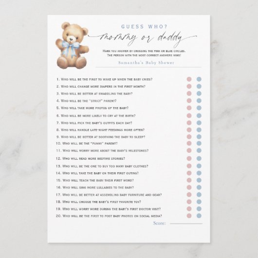 Blue Bearly Wait–Mommy or Daddy? 20-Questions game Advieskaart (Voorkant)