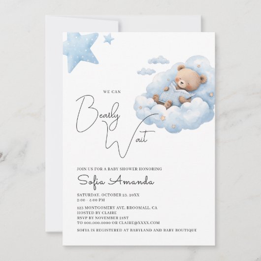 Blue Bearly Wait Schattige Beer Baby shower Kaart (Voorkant)