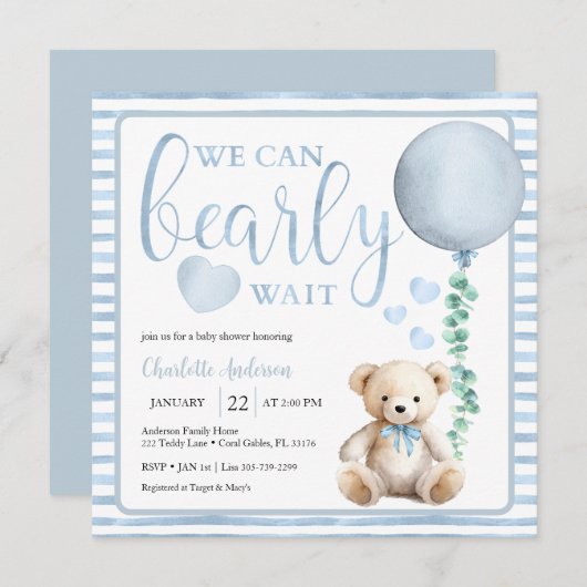 Blue Bearly Wait Teddy Bear Baby shower Uitnodigen Kaart (Voorkant / Achterkant)