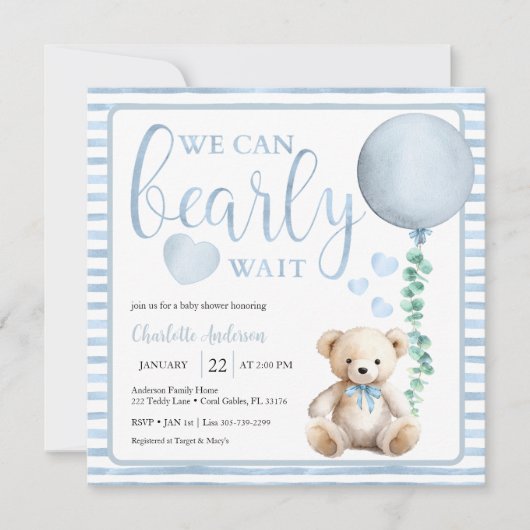 Blue Bearly Wait Teddy Bear Baby shower Uitnodigen Kaart (Voorkant)