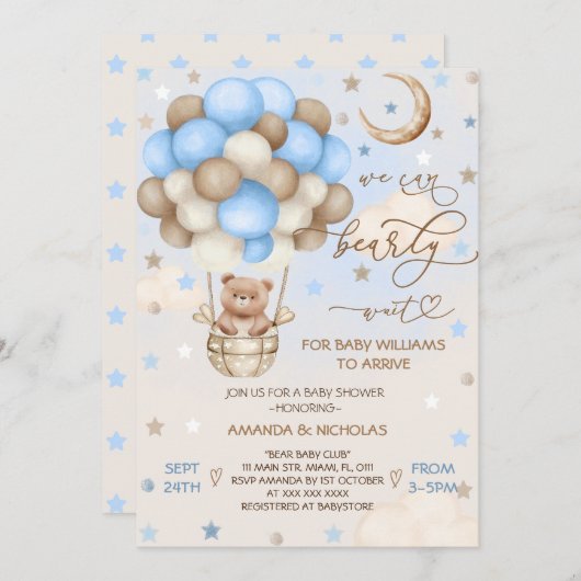 Blue Bearly Wait Teddy Bear Boy Baby shower Kaart (Voorkant / Achterkant)