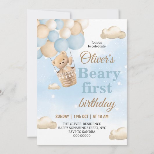 Blue Beary First Birthday Kaart (Voorkant)