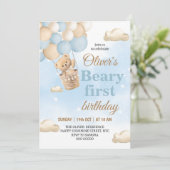 Blue Beary First Birthday Kaart (Staand voorkant)