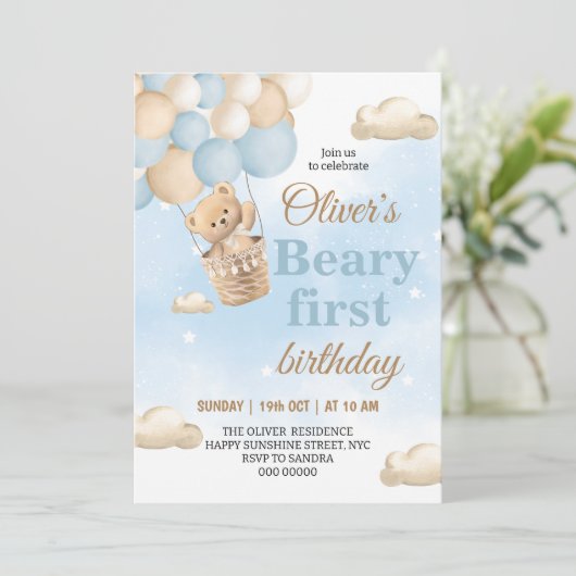 Blue Beary First Birthday Kaart (Staand voorkant)