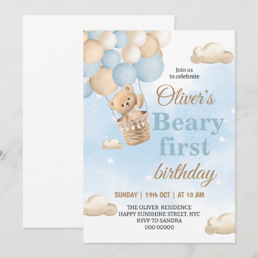 Blue Beary First Birthday Kaart (Voorkant / Achterkant)