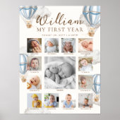 Blue Beary First Birthday Photo Timeline Poster (Voorkant)