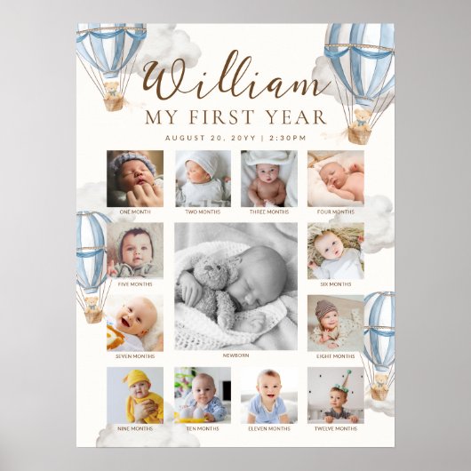 Blue Beary First Birthday Photo Timeline Poster (Voorkant)