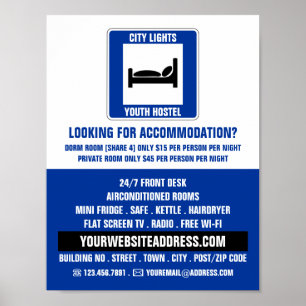 Blue Bed Logo, Hostel Accommodatie Adverteren Poster