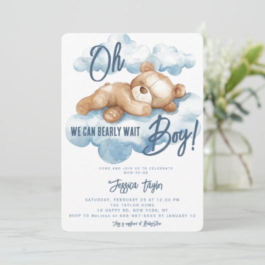 Blue Beer Baby shower Boy Waterverf Teddy Cloud Kaart (Staand voorkant)