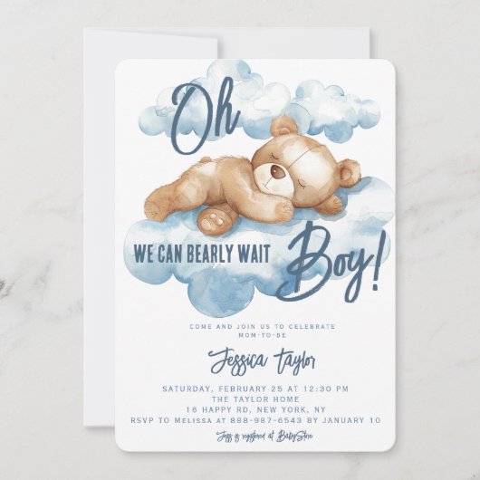 Blue Beer Baby shower Boy Waterverf Teddy Cloud Kaart (Voorkant)