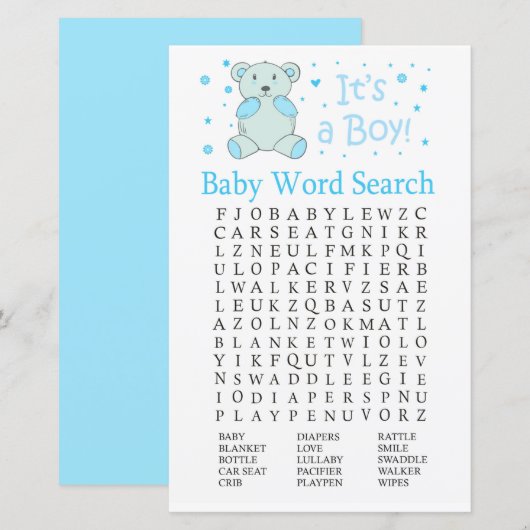 Blue beer Baby shower Word Search Game (Voorkant / Achterkant)