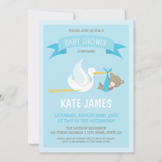Blue Beer en Stork Baby shower Invitation Kaart (Voorkant)