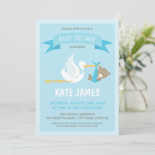 Blue Beer en Stork Baby shower Invitation Kaart (Staand voorkant)