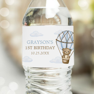 Blue Beer Hot Air Balloon Boys 1st Birthday Waterfles Etiket