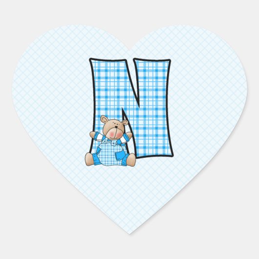 Blue Beer Monogram Letter N Gingham Hart Sticker (Voorkant)