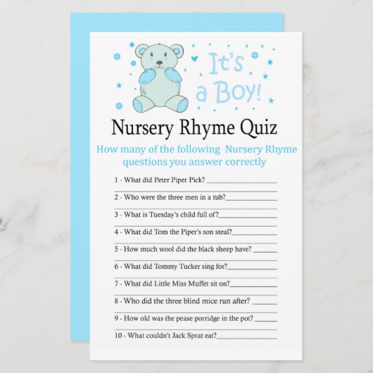 Blue beer Nursery Rhyme Quiz baby shower game (Voorkant / Achterkant)