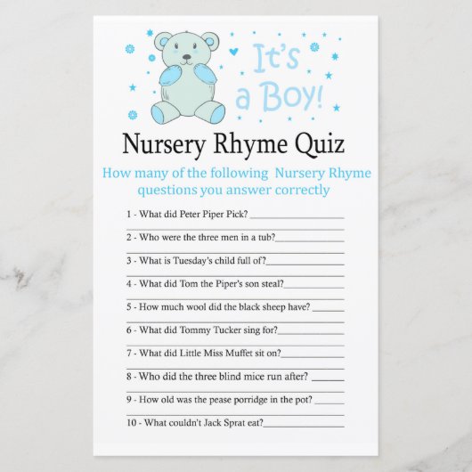 Blue beer Nursery Rhyme Quiz baby shower game (Voorkant)