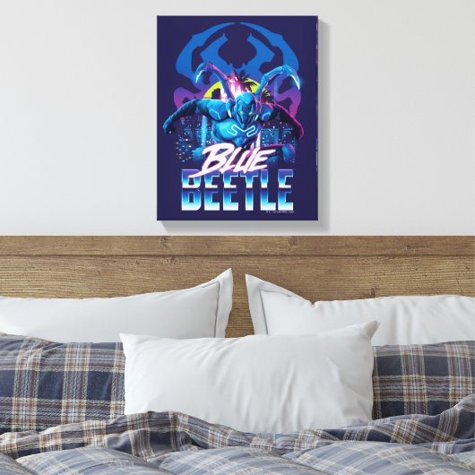 Blue Beetle Retrowave City zonsondergang Canvas Afdruk (Insitu (Slaapkamer))