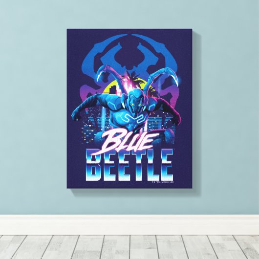 Blue Beetle Retrowave City zonsondergang Canvas Afdruk (Insitu (Houten vloer))