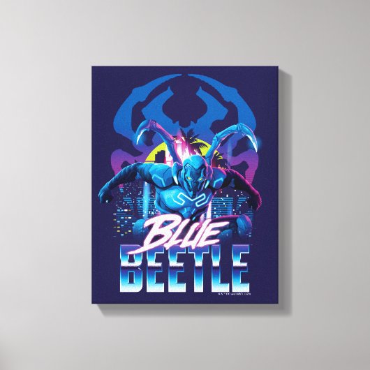 Blue Beetle Retrowave City zonsondergang Canvas Afdruk (Voorkant)