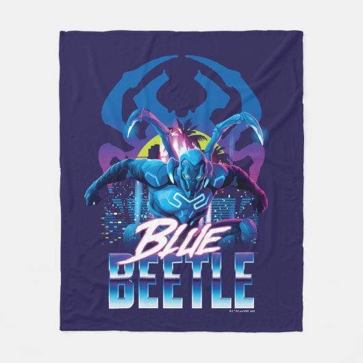 Blue Beetle Retrowave City zonsondergang Fleece Deken (Voorkant)