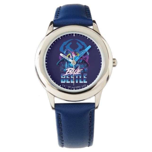 Blue Beetle Retrowave City zonsondergang Horloge (Voorkant)