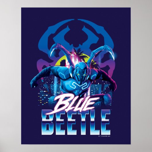Blue Beetle Retrowave City zonsondergang Poster (Voorkant)