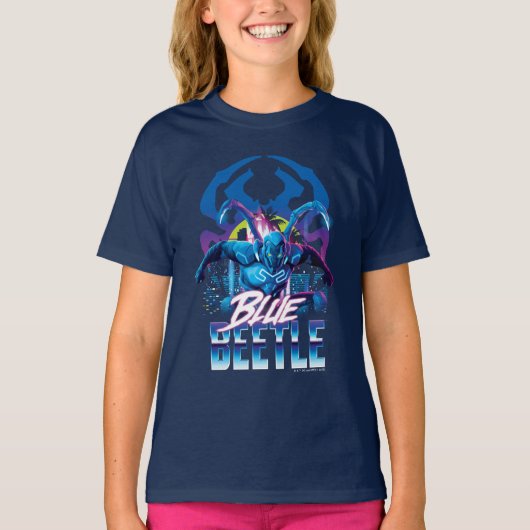 Blue Beetle Retrowave City zonsondergang T-shirt (Voorkant)