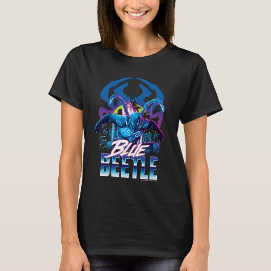 Blue Beetle Retrowave City zonsondergang T-shirt (Voorkant)