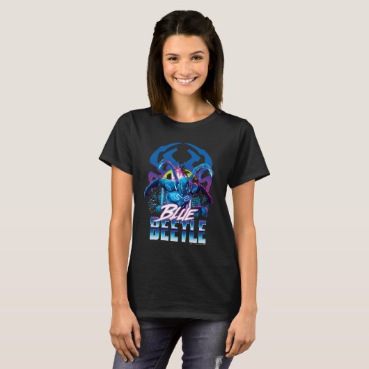 Blue Beetle Retrowave City zonsondergang T-shirt (Voorkant volledig)