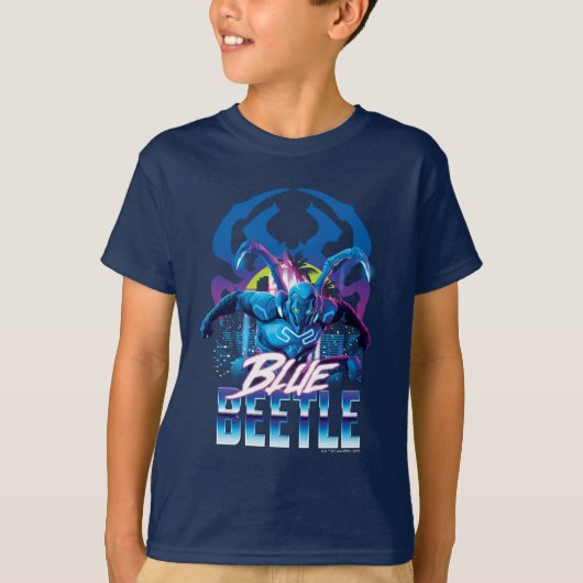 Blue Beetle Retrowave City zonsondergang T-shirt (Voorkant)