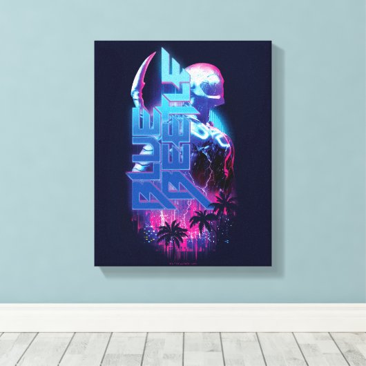 Blue Beetle Retrowave Stadslampjes Canvas Afdruk (Insitu (Houten vloer))