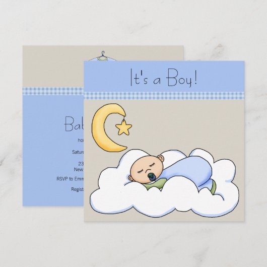 Blue Beige Baby Boy Cloud Baby shower Kaart (Voorkant / Achterkant)