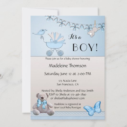Blue Beige Beer Boy Baby shower Invitation Kaart (Voorkant)